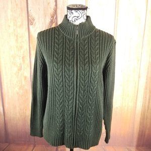 Land's End Green Cable Knit Zip Up Sweater